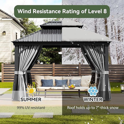 Aoxun 10' X 12' Hardtop Gazebo with Drainage System, Aluminum Outdoor Gazebo with Galvanized Steel Double Roof, Patio Permanent Metal Pavilion with Netting, for Garden, Deck, Easy Assemble