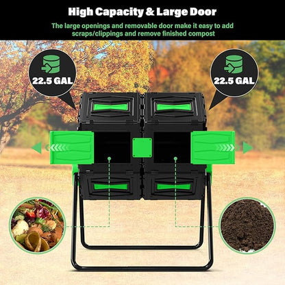 Compost Tumbler, Easy Assemble & Efficient Outdoor Compost Bin, 45 Gallon/170 Liter Large Dual Chamber Rotating Composter for Garden, Kitchen, and Yard Waste, Green Door