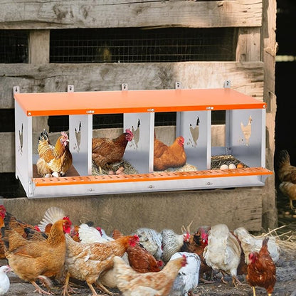 4-Bay Metal Nest Box for Chickens Wall Mount, Galvanized Steel Hen Laying Box with Hen-Shaped Vent Holes, Includes Coconut Fiber Pad, Easy to Clean & Assemble (Orange/Silver)