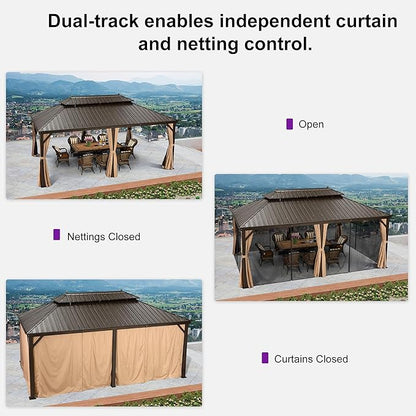PURPLE LEAF Hardtop Gazebo 12' X 20' Outdoor Galvanized Steel Roof Backyard Canopy with Netting and Curtains Deck Garden Outside Heavy Duty Hot Tub Patio Pavilion