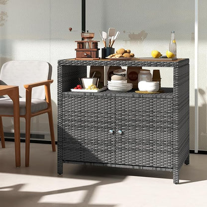 RELAX4LIFE Wicker Outdoor Bar Cabinet - PE Rattan Patio Bar Table w/Acacia Wood Countertop, Open Shelf & 2 Doors, Buffet Sideboard Organizer for Garden Backyard Pool, Outside Storage Cabinet (Grey)