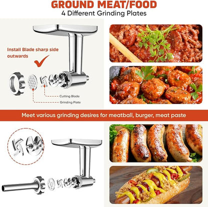 GVODE Stainless Steel Meat Grinder for KitchenAid Mixer, with Burger Press | Dishwasher Safe, Meat Grinder Attachment for KitchenAid Stand Mixer Includes 4 Grinding Plates, 3 Sausage Tubes, 2 Blades