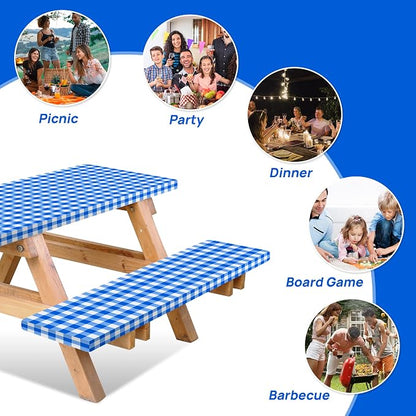 Vinyl Fitted Picnic Table Cover with Bench Covers & Bag 8ft Blue Checkered | Vinyl Fitted Picnic Table Cover with Bench Covers and Bag, Outdoor Waterproof Windproof Picnic Tablecloth with Elastic Edges.