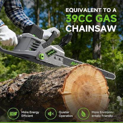 Electric Chainsaw Cordless, 42V 16 Inch Battery Chainsaw with Brushless Motor and Quiet Superior Cutting Power, Hand Battery Powered chainsaw for Tree Trimming Wood Cutting, 2 Battery and Charger