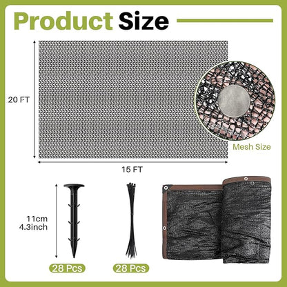 Koi Pond Netting Kit 15 x 20ft, Heavy-Duty Pe, Bird Deer Fence Netting, Durable Net Cover for Leaves, Protect Fish from Blue Heron Bird, Cats & Predators, Stakes & Ties Included