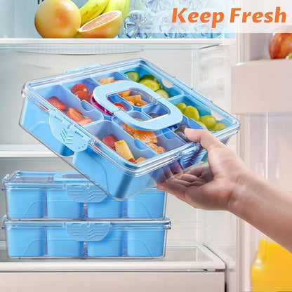 Snackle Box Container Dishwasher Safe Divided Serving Tray with Lid Handle | Charcuterie Board for Portable Snack Platters, Organizer for Fruits Snacks, Perfect for Road Travel - Light Blue