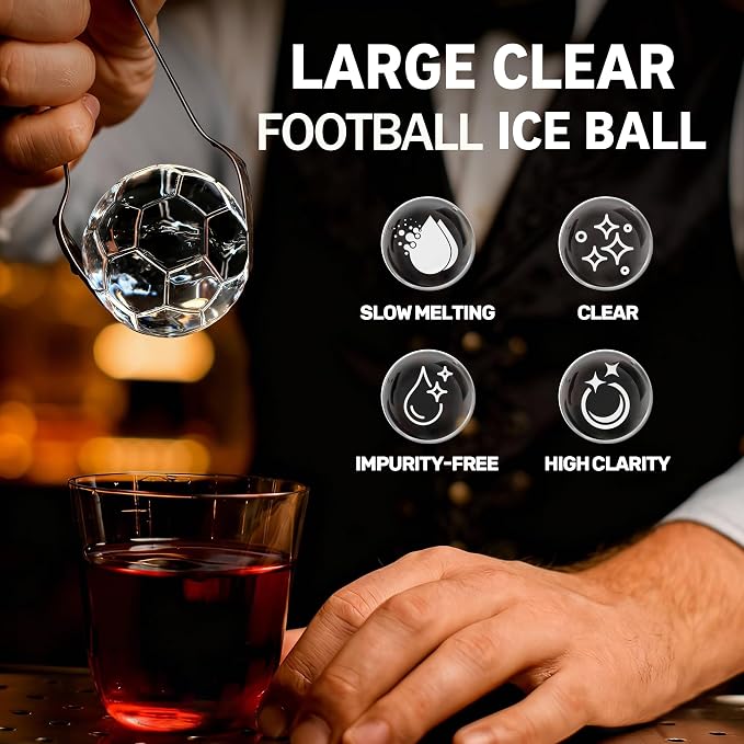 Clear Soccer Ice Ball Maker - Premium Silicone Mold Tray Makes 2.5" Clear Ice Spheres for Whiskey & Cocktails,for Home Bar, Sports Fans & Entertaining