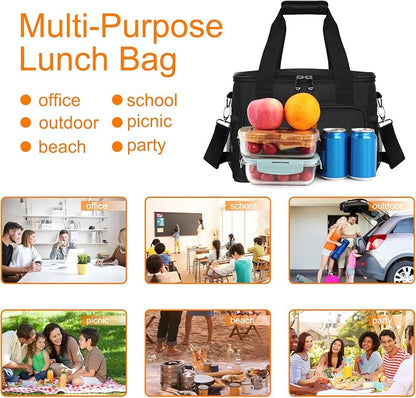 Lunch Bags for Women/Men, Insulated Lunch Bag for Work Office Picnic - Large Lunch Cooler Bag Leakproof Lunch Box with Adjustable Shoulder Strap for Adults - Black(15L)