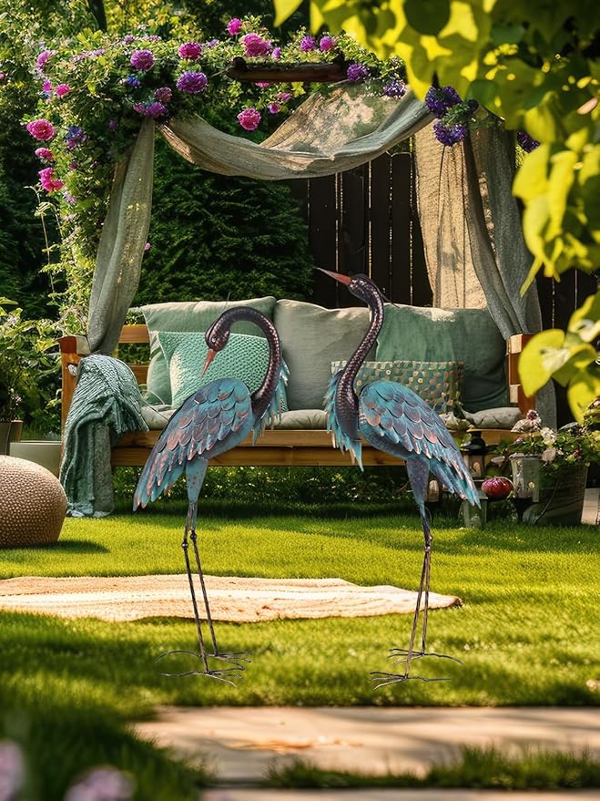 YEAHOME Garden Decor Outdoor Statues, 40"/37" Large Metal Heron Standing Yard Art, Blue Crane Lawn Sculptures Garden Decor for Outside Patio Porch Backyard, Set of 2