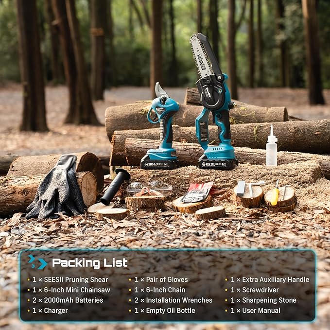 SEESII Mini Chainsaw & Pruning Shears: 6" Electric Saw Brushless & 1.3" Pruner with 2×2.0Ah Batteries, Cordless Combo for Wood Cutting/Branch Trimming, Gardening Tools for Dad Men Husband