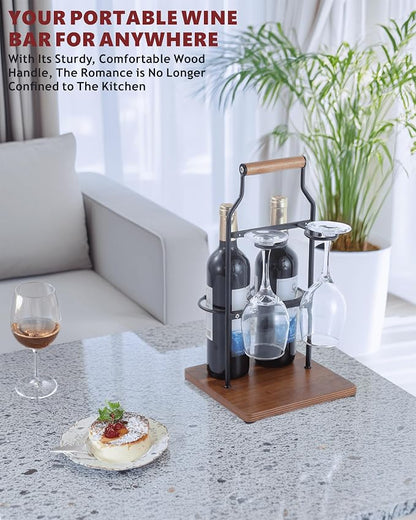 Countertop Wine Rack and Glass Holder | Portable Wine Caddy Holds 2 Bottles & 2 Glasses | Small Wine Rack with Wood Base, Perfect for Tabletop Wine Storage & Home Bar Decor (Black)