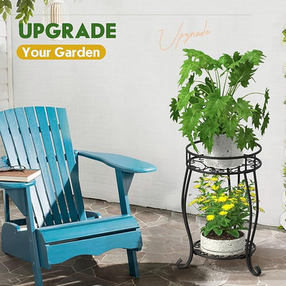 2 Tier Metal Plant Stand Indoor Outdoor , Rustproof Stable Plant Stands Multiple Plant Rack Holder Flower Pot Stand for Living Room Balcony Garden Patio Bedroom (Black, 19.5)