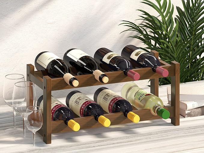 BAMEOS Bamboo Wine Rack, 2 Tier Wine Racks Countertop Storage, Wine Bottle Holder Wine Rack freestanding Floor for Kitchen, Bar, Pantry, Wine Cellar, Basement,Study，Maroon (16.85 L x 9.25W x 7H)