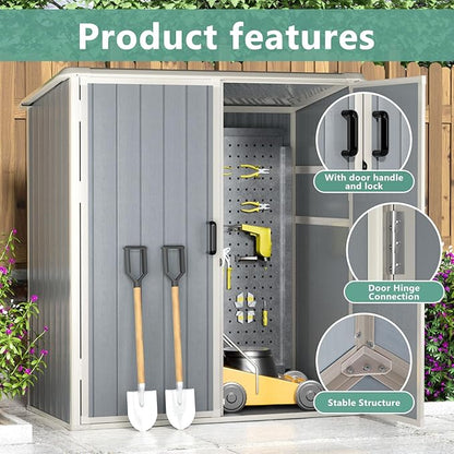Aoxun Outdoor Storage Shed 5 x 3FT, Resin Shed with Floor and Lockable Door, Plastic Sheds for Garbage Can, Tool, Accessories, Lawn, Garden - Grey