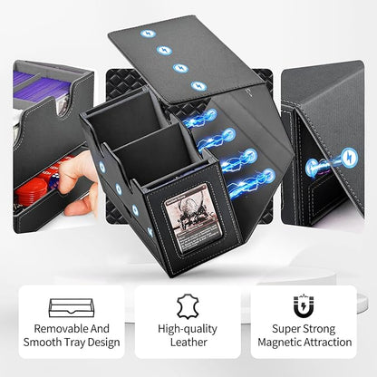 Card Deck Box for MTG, Double Storage Box with 2 Commander Display & 1 Dice Tray, Fits 200+ Double Sleeved, Organizer for CCG TCG Sports(Black Gray)
