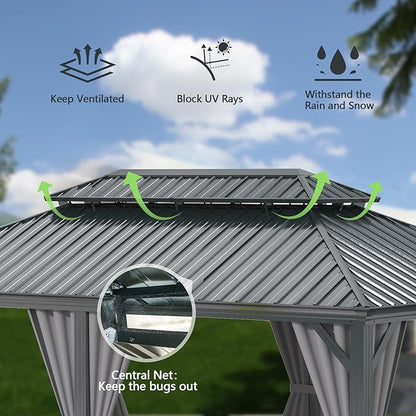 Domi 10'x14' Hardtop Gazebo Canopy,Outdoor Aluminum Gazebo with Galvanized Steel Double Roof,Permanent Gazebos with Drainage System,Curtain and Netting Included,Grey