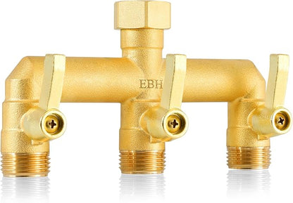 EBH Brass Garden Hose Splitter, 3 Way High Flow Outdoor Faucet Splitter,Full Flow 3-Way Brass Heavy Duty Hose Splitter With 3 Long Metal Handle and Individual On/Off Valve。