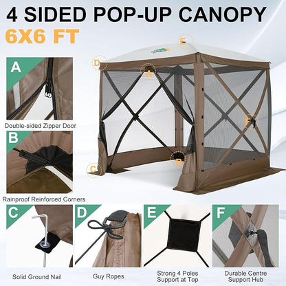 COBIZI 6x6 Pop up Gazebo Tent on Clearance, Ez up Waterproof Screen Tent Screen House with 3 sidewalls,Portable Outdoor Canopy with Carry Bag & Ground Stakes for Camping,Garden and Picnics, Brown