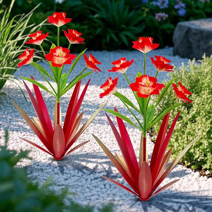 Homight Metal Agave Plant Outdoor Decoration Outdoor Garden Decoration Daffodils Flowers Mexican Yard Art Daffodils Flowers Decorative Garden Gift (2 Big red Daffodil)