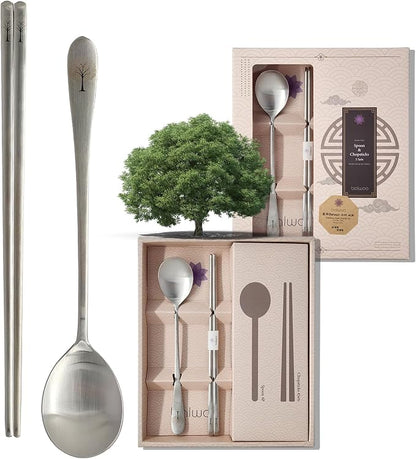 [5 Sets] [Made in Korea] Korean Sticky Rice Spoon Chopsticks Set Gold Titanium Plating 304 Stainless Steel Tableware Cutlery Set Mukbang Chopsticks (Willow Tree, 5 Sets)