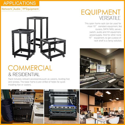 RIVECO 18U Open Frame Server Rack with Brake Casters- Heavy Duty 4 Post Quick Assembly 19-inch Rack Network Durable Black
