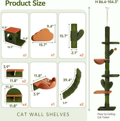 Cactus Floor to Ceiling Cat Tower, 14-in-1 Cat Wall Shelves, Green | Cats Tree with Adjustable Height(87-104 IN), Cat Climbing Wall Furniture Set for 16 Inch Drywall, with Scratching Post, Cloud