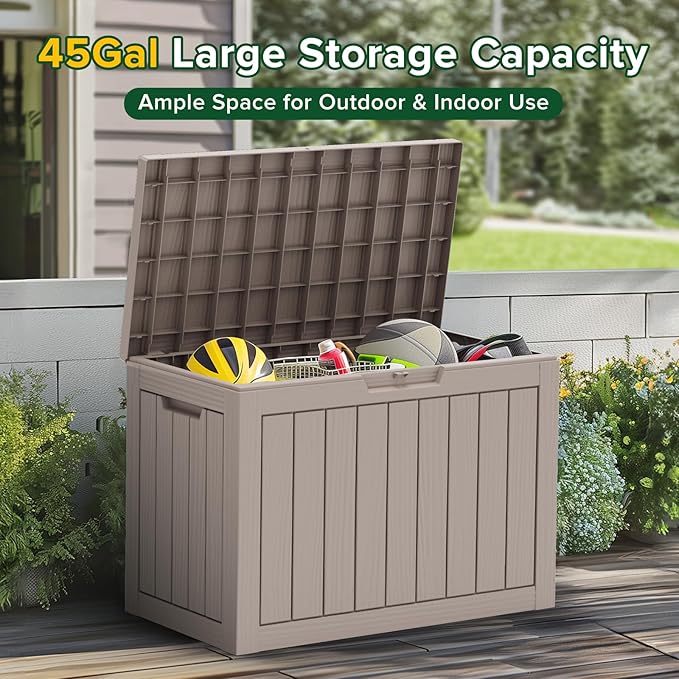 45GAL Brown Outdoor Storage Deck Box with Lock Hole- Waterproof, SGS - Tested UV Protection, Perfect for Storing Patio Pillows and Pool Floats, Sturdy Design for All - Weather Use