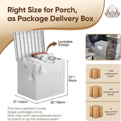 33 Gallon Deck Box Set of 2, Small Outdoor Storage Box Waterproof, Lockable Secure Package Bin Delivery Box for Outside, Patio Cushions Storage Box, Delivery Driver Snack Box for Porch, White