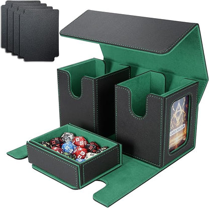 AFIING MTG Commander Card Storage Box - Fits 200 Double Sleeved Cards,3-in-1Card Deck Case,Strong Magnet Card Organizer For Magic Commander TCG CCG,4Dividers &2 Toploaders, Black/Green