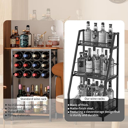 3-Tier Wine Rack Freestanding Floor Cabinet Corner Bar Cabinet Bar Cart,12 Individual Wine Storage Bottle Compartments Corner Bar Cabinet Holder,Wood + Black Frame Liquor Cabinet,Small Shelf For Homes