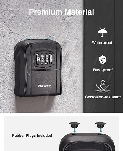 Puroma Key Lock Box Outdoor 4 Digit Code Combination Lockbox House, 1 Black | For Contractors Guest Realtor Storage Keys, Portable, Home Wall Mount, Resettable, Combination, Weatherproof, High-capacity