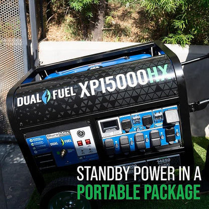 DuroMax XP15000HX 15,000-Watt Dual Fuel Portable Generator - Gas & Propane, Remote Electric Start, Whole Home Power Backup, Transfer Switch Ready, RV & Emergency Ready