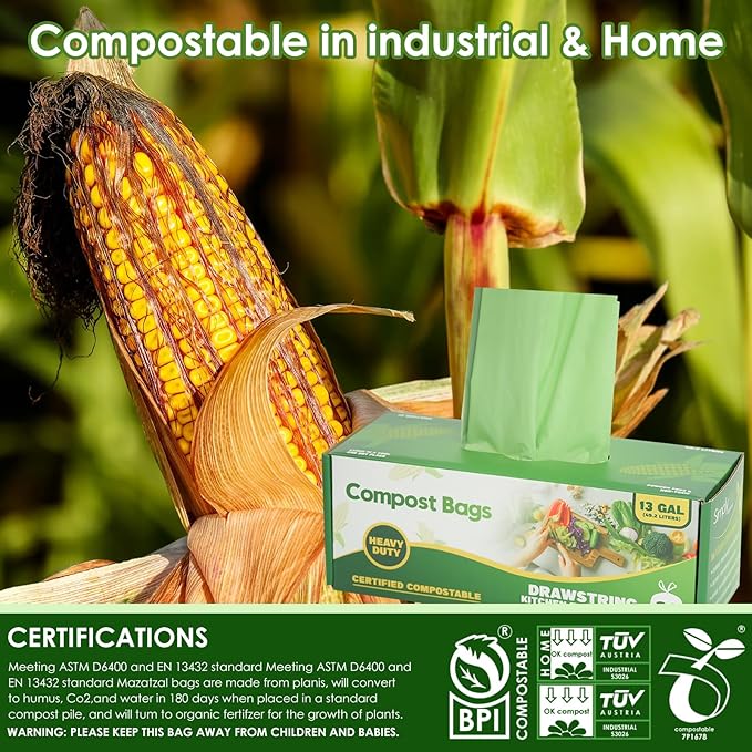 10-13 Gallon Compostable Trash Bags with Drawstring, Heavy Duty Extra Thick 1 Mil, 49.21 Liter, Tear Resistant & Odorless Kitchen Food Scrap Waste Bag, US BPI and OK Compost Home Certified (30 Count)