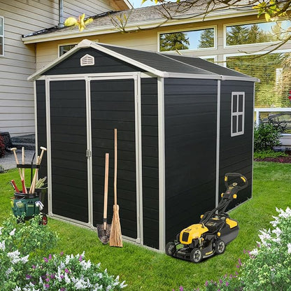 6x8 FT Outdoor Storage Shed, Resin Garden Shed with Thick Floor, Plastic Storage Shed with Window, Waterproof Outside Tool Shed with Lockable Hinged Doors for Backyard, Patio, Lawn, Black