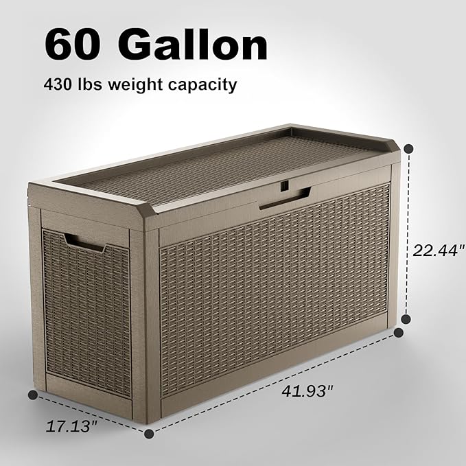 60 Gallon Resin Deck Box, Lockable Outdoor Storage Box for Patio Cushions Storage Furniture,Garden Tools, Pool Supplies, Weatherproof and UV Resistant (Grey Rattan)