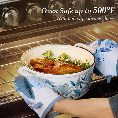 CAROTE 5QT Enameled Floral Cast Iron Dutch Oven Pot with Lid | Sourdough Bread Baking with Cotton Potholders & Oven Gloves, Gift Box, Cookware for Braising, Oven Safe up to 500° F