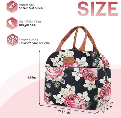 Lunch Bag for Women & Men Adult Insulated Lunch Box, Small Leakproof Cooler Food Lunch Containers Reusable High Capacity Lunch Tote Bags for Work, Travel, Outdoor - Black Rose