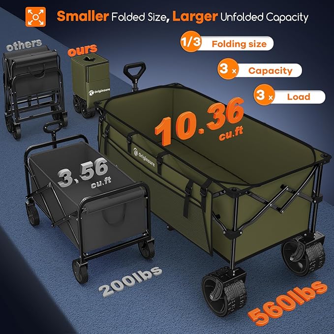 48" L Collapsible Wagon Cart Foldable, 560lbs Weight Capacity 300L Heavy Duty Folding Beach Wagons with Big All-Terrain Wheels, Utility Carts for Groceries, Shopping, Camping, Sports - Green
