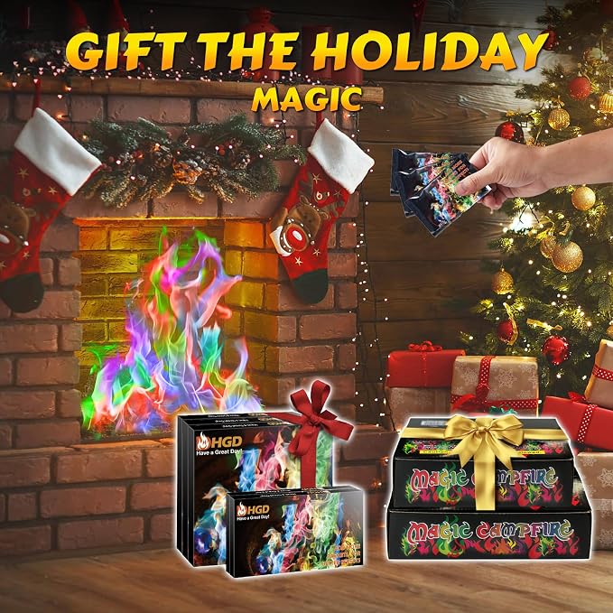 HGD (12 Pack) Magic Campfire Fire Color Changing Packets for Fire Pit, Indoor/Outdoor Fireplace, Bonfire - Rainbow Magical Flame, Camping Accessory, Compatible with Wood