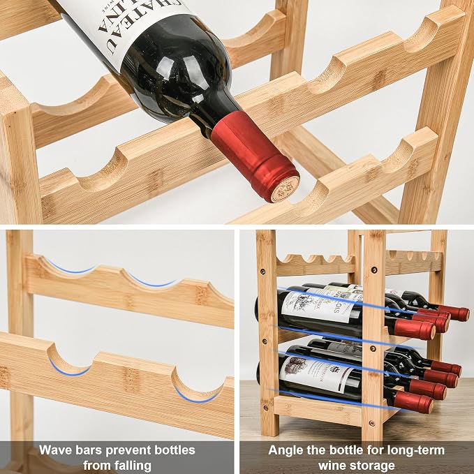 VASMIA Wine Rack Free Standing Floor, 6-Tier Display Wine Storage Shelves with Table Top, 24-Bottle Bamboo Wine Rack Shelf for Kitchen Bar Dining Room Living Room, Natural
