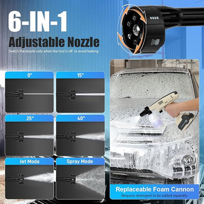 Cordless Pressure Washer, Portable Power Washer, 4.0Ah Battery Powered with Dual Water Source, 6-in-1 Nozzle, 16ft Detachable Hose, Efficient and Long-Lasting, Designed for Light-Duty Tasks