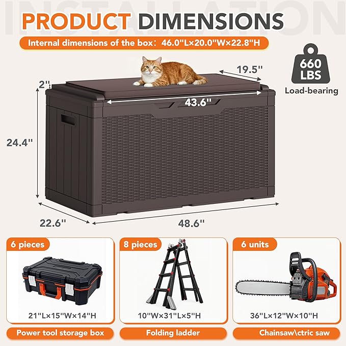 110 Gallon Deck Box Outdoor Indoor Waterproof Storage Box for Patio Furniture, Pool Accessories, Garden Tools, and Cushion Storage, Brown
