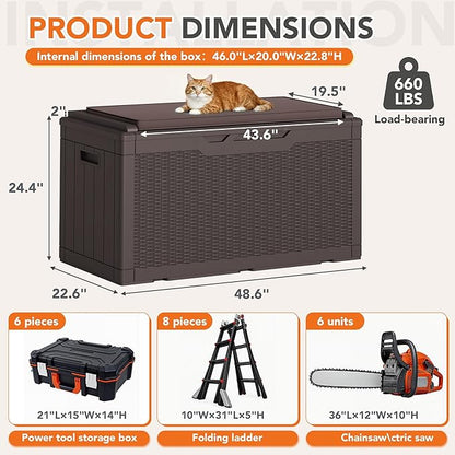 110 Gallon Deck Box Outdoor Indoor Waterproof Storage Box for Patio Furniture, Pool Accessories, Garden Tools, and Cushion Storage, Brown