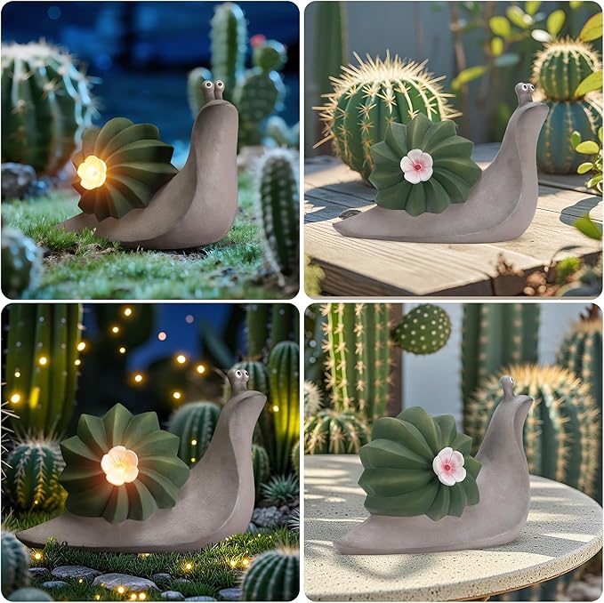 Solar Cactus Snail Statue Garden Decor Light - Outdoor Decorative LED Flower, Suitable for Patio, Lawnand Garden Decorations, Gifts for Mom