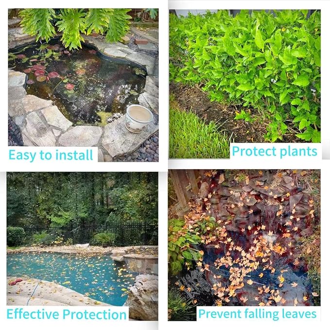 JUNFLYING 25x50 Ft Pond Netting for Leaves, 1/2 in Fine Mesh, Strong Woven Koi Fish Net Cover, Against Birds, Cats & Predators, Stakes Included