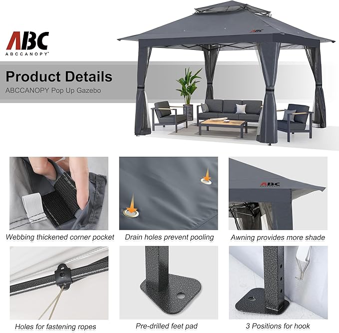 ABCCANOPY 13x13 Pop Up Gazebo, Outdoor Canopy Tent, Instant Screened Shelter with Mosquito Netting for Patio, Garden, Backyard, Party, Camping (Dark Gray)