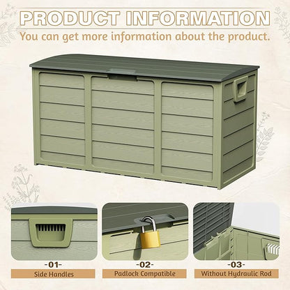 75 Gallon Outdoor Deck Box - Heavy Duty Resin Storage with Lockable Lid, UV Resistant for Patio Furniture Cushions, Pillows (Green)
