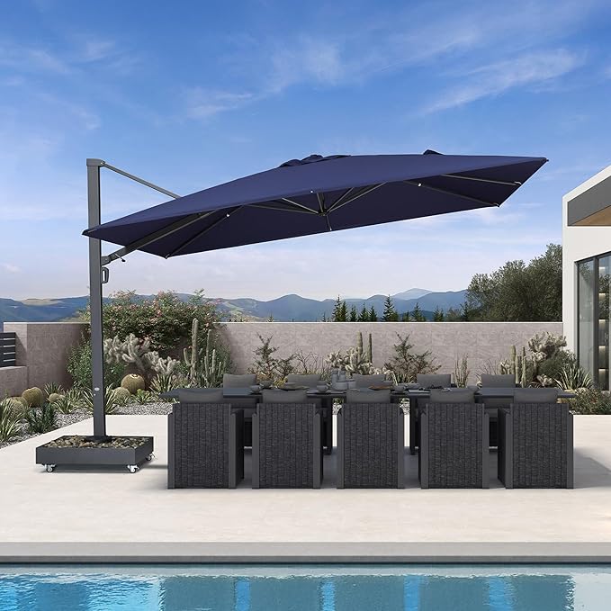 PURPLE LEAF 13' X 10' Rectangle Patio Umbrella Large Outdoor Aluminum Offset Umbrella with 360-degree Rotation Cantilever Umbrella with Base Included for Garden Deck Backyard Pool Navy Blue