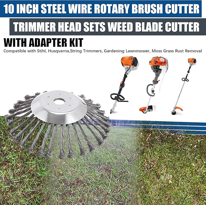 10 Inch Steel Wire Rotary Brush Cutter Trimmer Head Sets Weed Blade Cutter with Adapter Kit Compatible with Stihl, Husqvarna,String Trimmers, Gardening Lawnmower, Moss Grass Rust Removal
