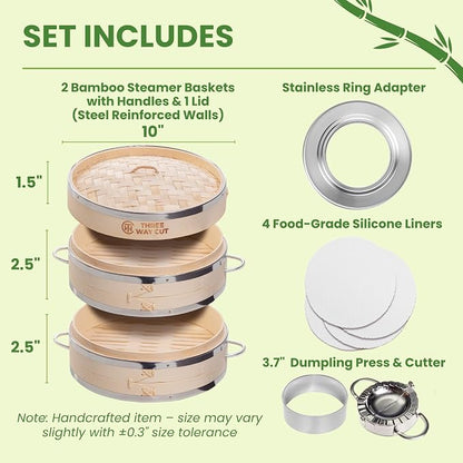 Bamboo Steamer 10 Inch - Dumpling Steamer Basket 2 Tier, Bamboo Steamers For Cooking Dumplings, Bao Bun, Dim Sum, Rice Potsticker & Veggie Food Steaming Basket with Steel Rims, Handles & Accessories